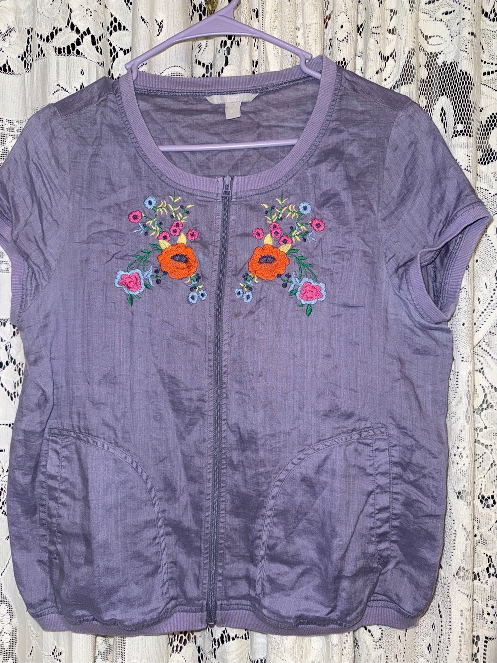 Embroidered Lavender Zip-Front Women's Top